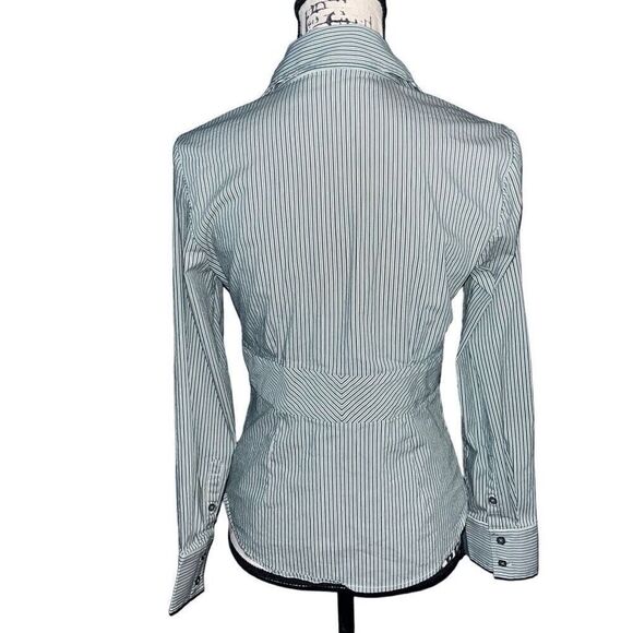 Express Design Studio fitted green, white & black striped blouse small - Picture 2 of 4